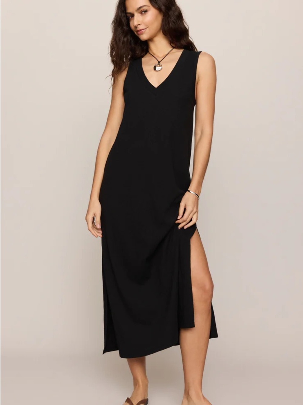 Z Supply Coastline Sleeveless V-Neck Black Midi Dress | Side Slits and Pockets